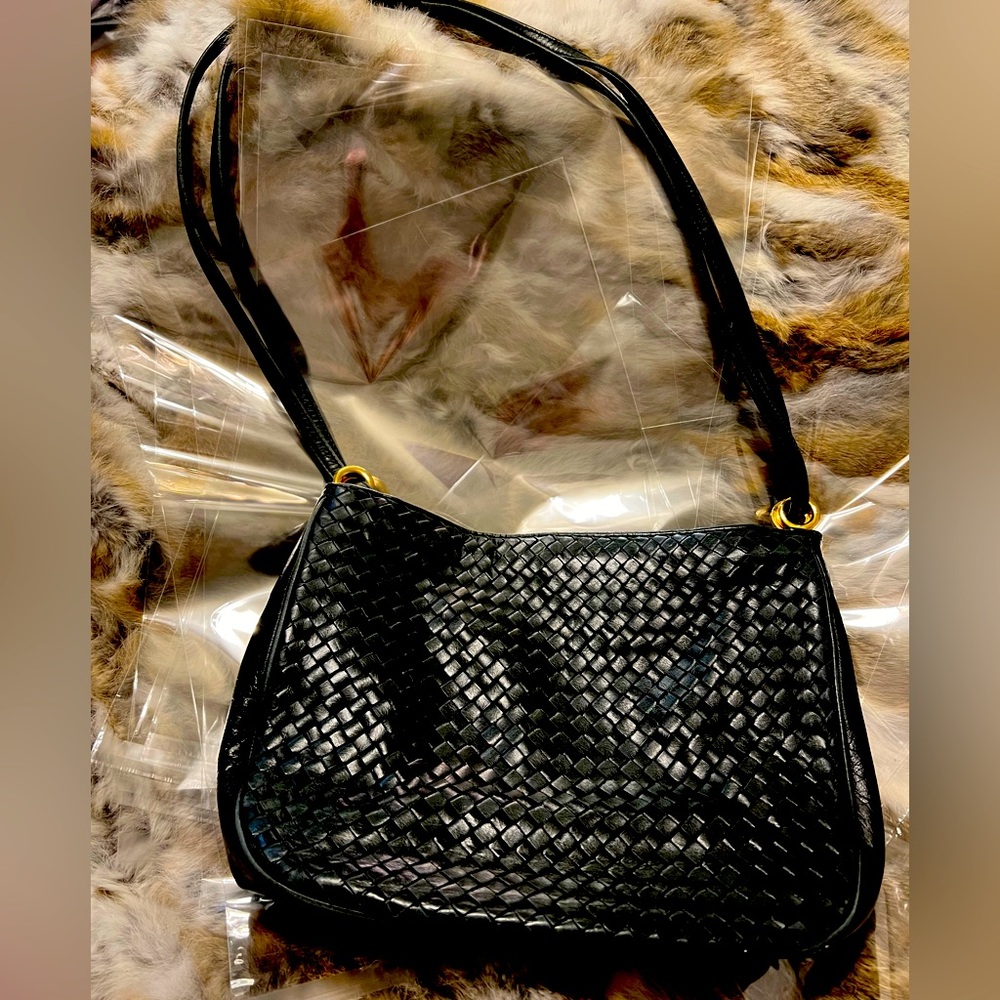 Vintage Shoulder Handbag Tote Satchel Purse D. Green Woven  Vegan Leather Weave